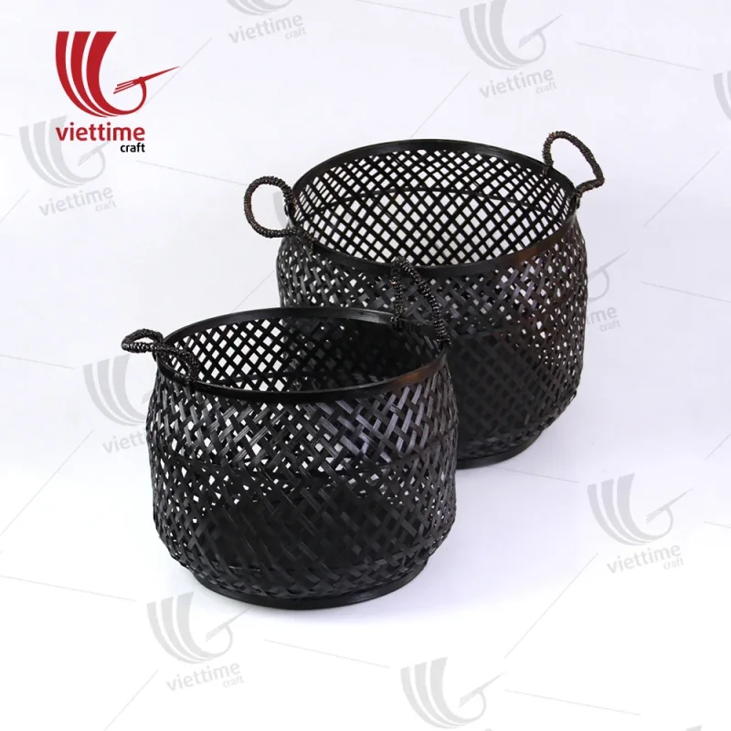 Black Weaving Bamboo Storage Basket With Handle