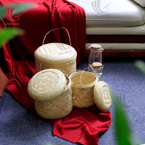 Round Woven Bamboo Box With Lid