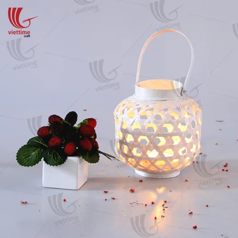 White Hand Painted Bamboo Lantern Natural Small