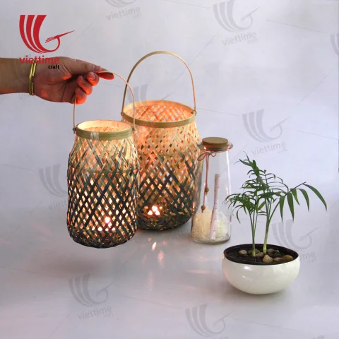Dipped Green Weaving Bamboo Lantern Set of 2