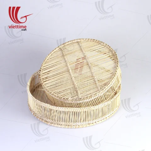 Handcrafted Round Woven Bamboo Tray Set Of 2