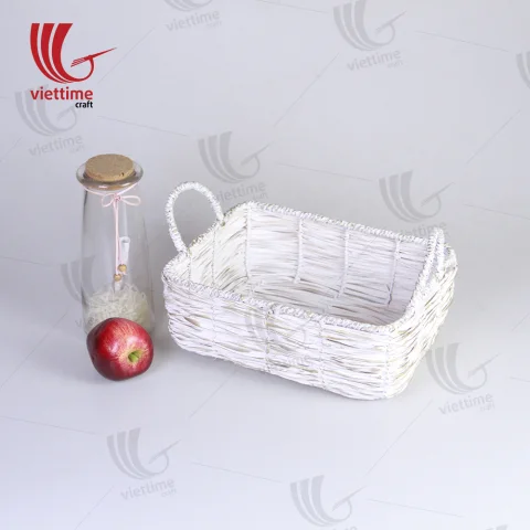 White Woven Bamboo Storage Bin With Handle