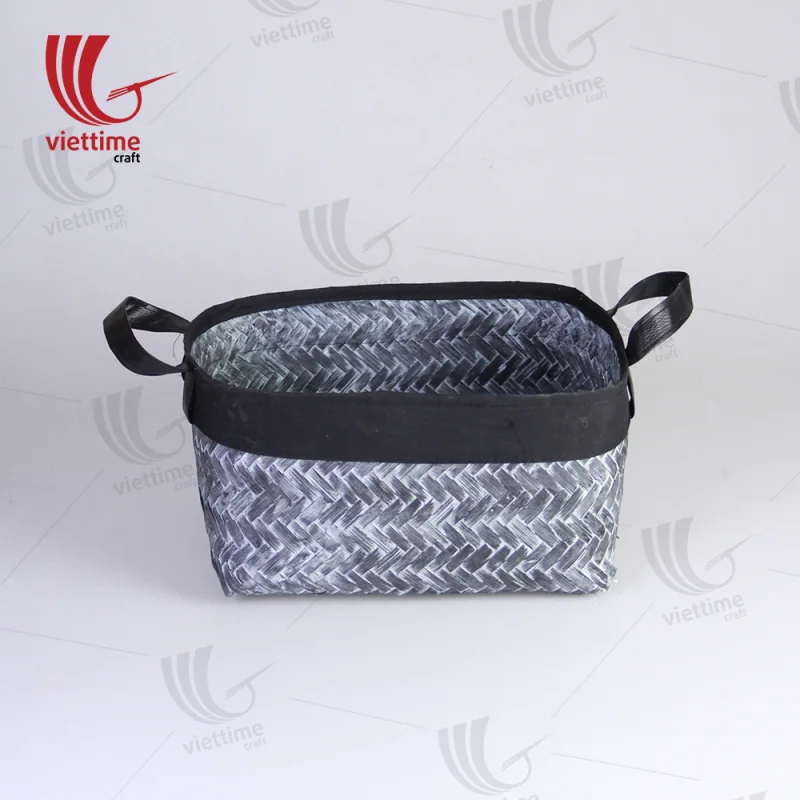 Black Woven Bamboo Storage Bin With Handle