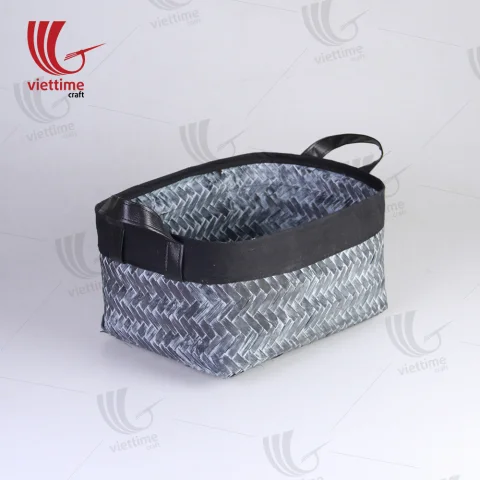 Black Woven Bamboo Storage Bin With Handle