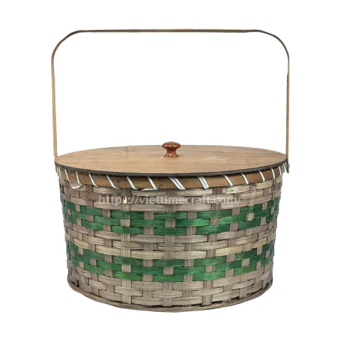 Hand Woven Bamboo Picnic Basket with Green Accents