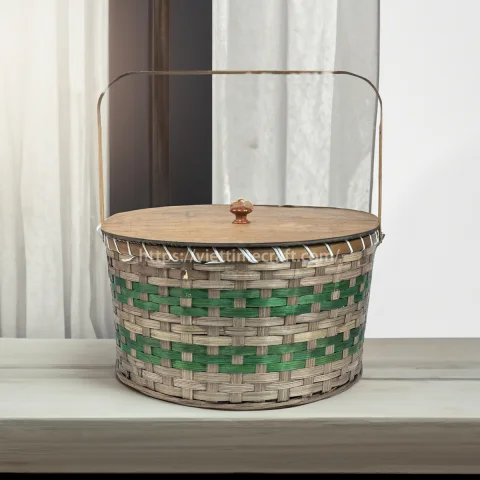 Hand Woven Bamboo Picnic Basket with Green Accents