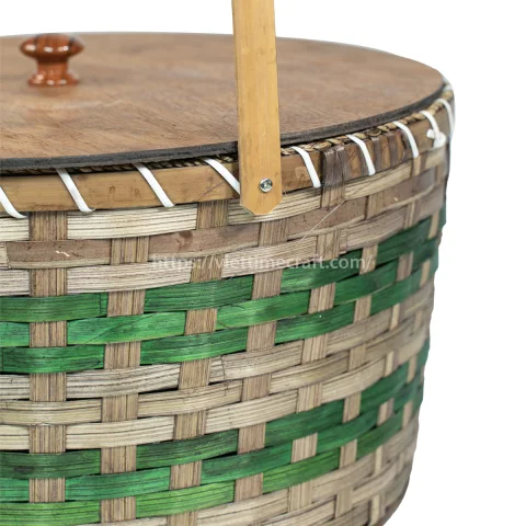 Hand Woven Bamboo Picnic Basket with Green Accents