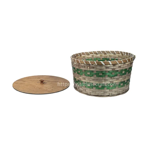 Hand Woven Bamboo Picnic Basket with Green Accents