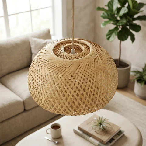 Bamboo Lampshade, Round Multi Layer Handwoven Pendant Light for Natural Home Decor