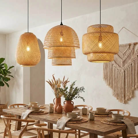 Bamboo Lampshade, Round Multi Layer Handwoven Pendant Light for Natural Home Decor