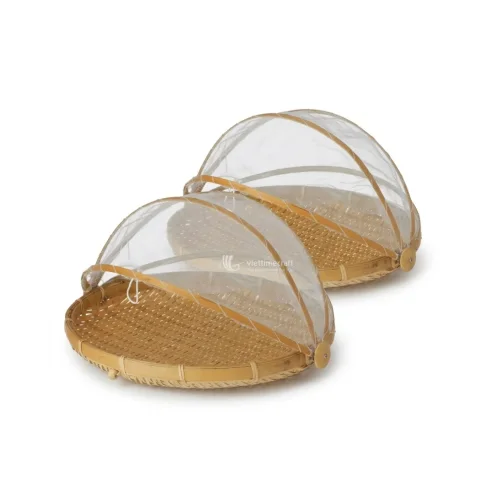 Rattan Export Artisanal Handwoven Bamboo Wicker Tray with Collapsible Mesh Food Cover - REX-TD00453