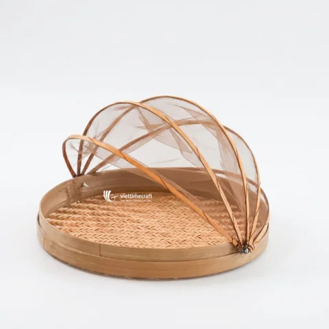 Artisanal Handwoven Bamboo Wicker Tray with Collapsible Mesh Food Cover