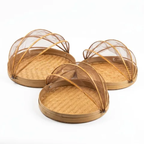 Artisanal Handwoven Bamboo Wicker Tray with Collapsible Mesh Food Cover
