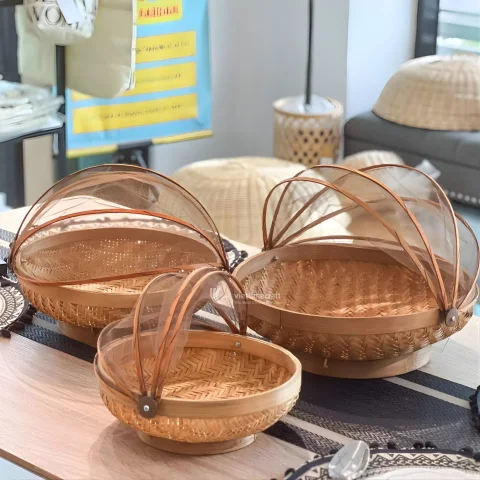 Artisanal Handwoven Bamboo Wicker Tray with Collapsible Mesh Food Cover