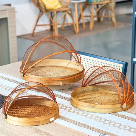 Artisanal Handwoven Bamboo Wicker Tray with Collapsible Mesh Food Cover